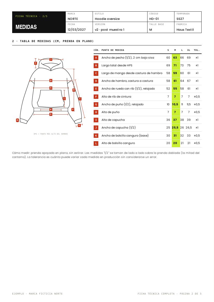Ficha técnica de ejemplo: tabla de medidas